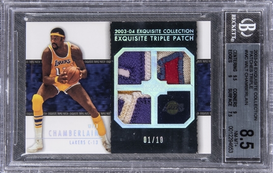 2003-04 UD "Exquisite Collection" Triple Patch #WC Wilt Chamberlain Game Used Patch Card (#01/10) – BGS NM-MT+ 8.5